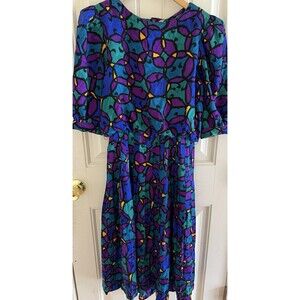 Vintage Lane’s Abstract Multicolor Silk Shoulder Pad Midi Dress Size 6